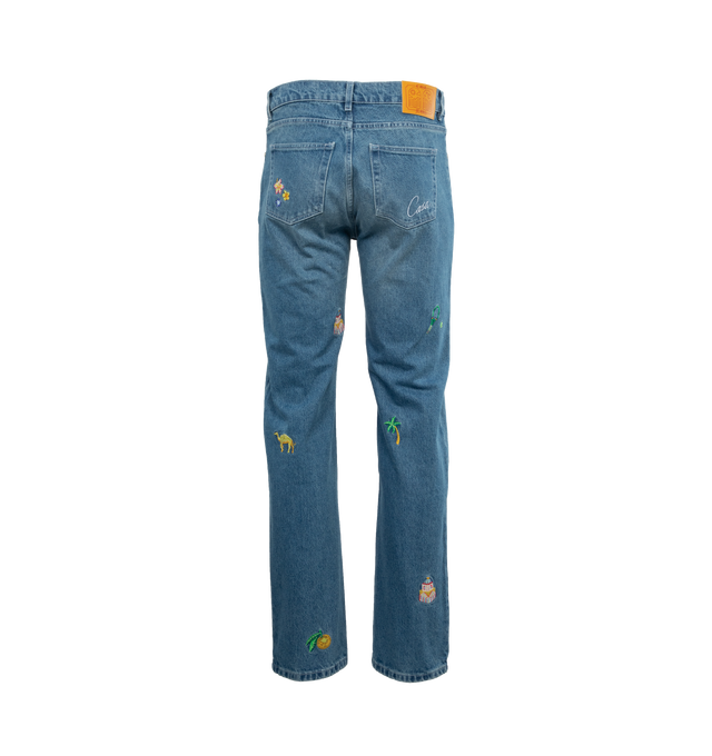 Image 2 of 5 - BLUE - CASABLANCA Stonewashed Embroidered Motif Jeans featuring icon embroidery throughout, mid rise, five-pocket style, full length and straight legs. 100% cotton. Made in Portugal. 