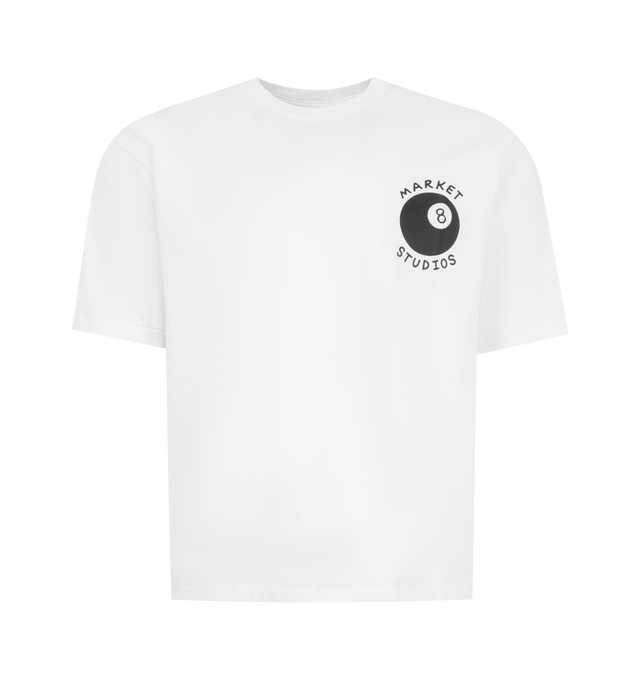 Image 1 of 2 - WHITE - MARKET Eight Ball Graphic T-Shirt featuring crewneck, short sleeves, boxy fit and graphic on front and back. 100% cotton.