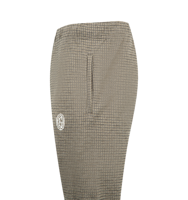 Image 3 of 3 - BROWN - Logan Track Pant featuring plaid wide-leg track pants with a relaxed fit, an elastic drawstring waist, side pockets, slight bootcut fit and embroidered Chateau Josu logo. 46% viscose, 31% virgin wool, 14% polyester, 7% polyamide, 1% elastane. Made in Italy.