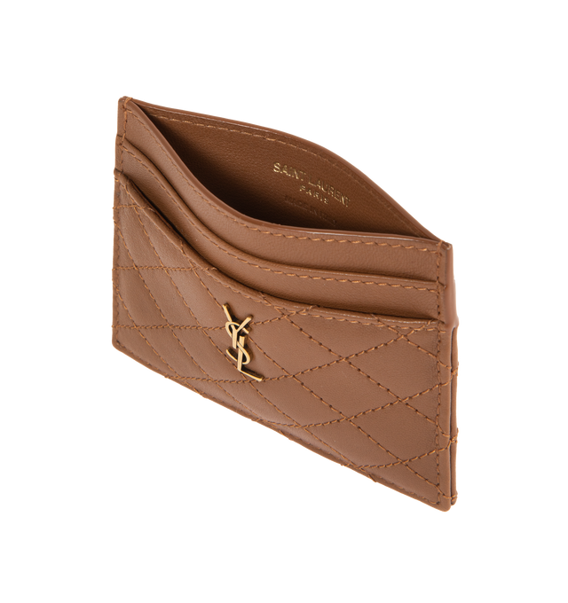 Image 3 of 3 - BROWN - SAINT LAURENT Gaby Card Case featuring quilted overstitching and five card slots. 4.1 X 2.9 X 0.2 inches. 100% lambskin. Made in Italy. 