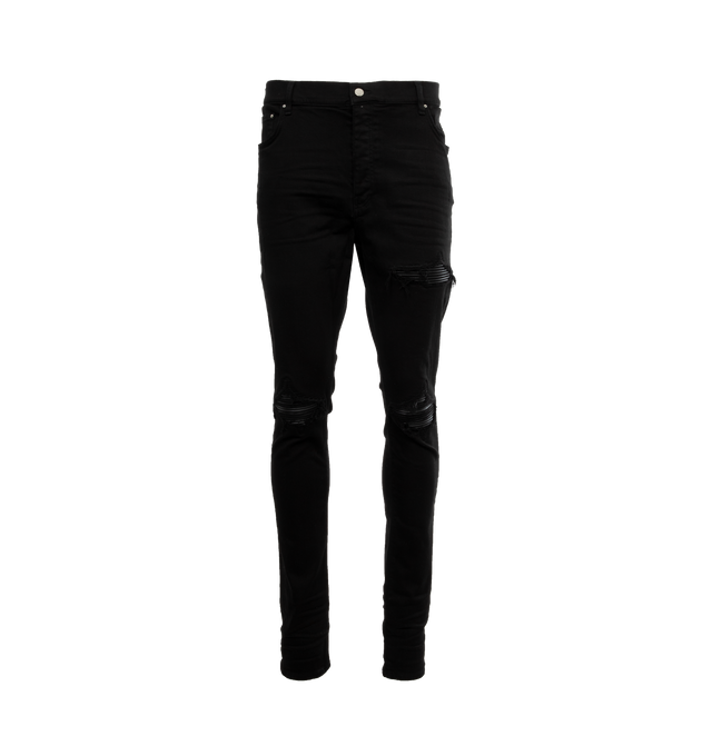 Image 1 of 2 - BLACK - AMIRI MX1 classic stretch button fly denim jeans with fading, distressing, and whiskering throughout. Mid-rise, belt loops at waistband and five-pocket styling. Quilted leather trim in black at front legs. Logo plaque at back pocket. 92% Cotton, 6% Elastomultiester, 2% Elastane. Made in United States.
