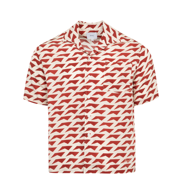 Image 1 of 2 - RED - RHUDE Dolce Vita Silk Shirt featuring a  flat hem, custom button closures at front, and print all over. 100% silk. 