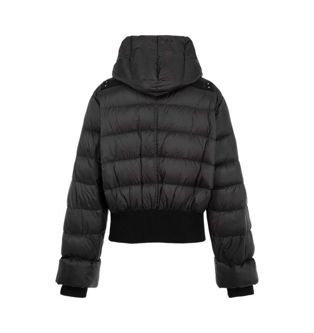Image 2 of 3 - BLACK - Rick Owens Men's Hooded Jacket is crafted from nylon and insulated with premium down for exceptional warmth in a streamlined silhouette. Designed with a short-length cut, this hooded jacket features a metal front zipper and knit wool detailing that enhances comfort and structure. Combining functional cold-weather performance with Rick Owens' signature minimalist aesthetic, it offers a refined outerwear option for everyday wear. Main Material: 100% Nylon. Knit Trim: 100% Wool. Padding: