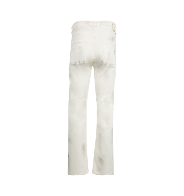Image 2 of 3 - WHITE - FULLCOUNT Dirty White Denim featuring 12oz selvedge denim, 5 pockets, button closure and distressed throughout. 100% cotton.