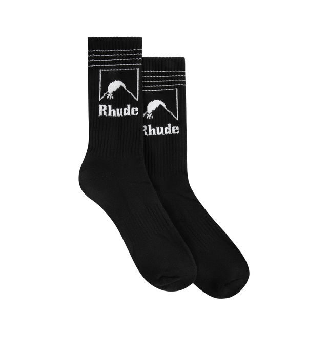 Image 1 of 2 - BLACK - RHUDE Moonlight Socks featuring calf length design and logo detailing. 80% cotton, 12% polyester, 8% spandex.