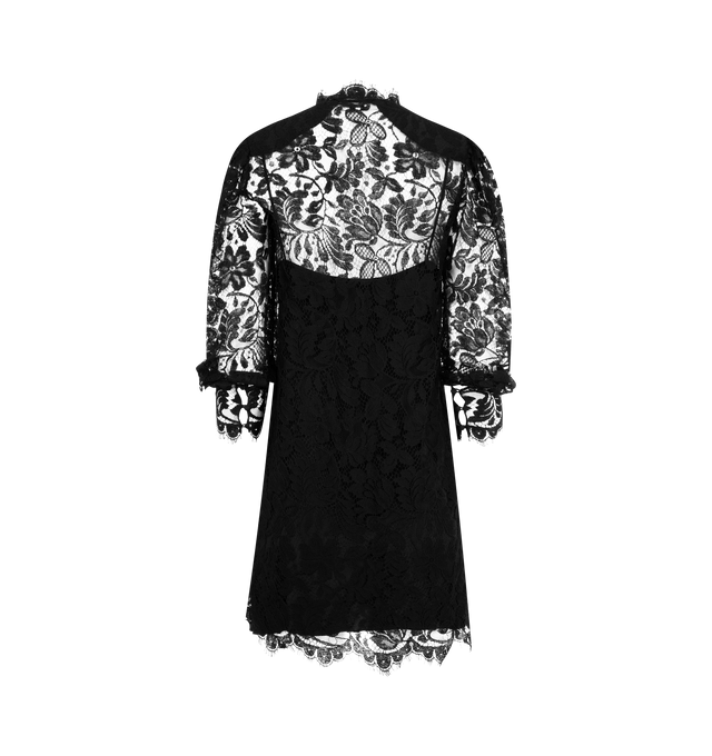 Image 2 of 2 - BLACK - CHLOE Long-Sleeve Mini Dress in lace featuring high-neck, mini length, floral lace with a separate silk-mix lining, long puff sleeves, back hook & zipper fastening and fabric-covered buttons. 79% cotton, 21% polyamide. Lining: 76% acetate fiber, 24% silk.