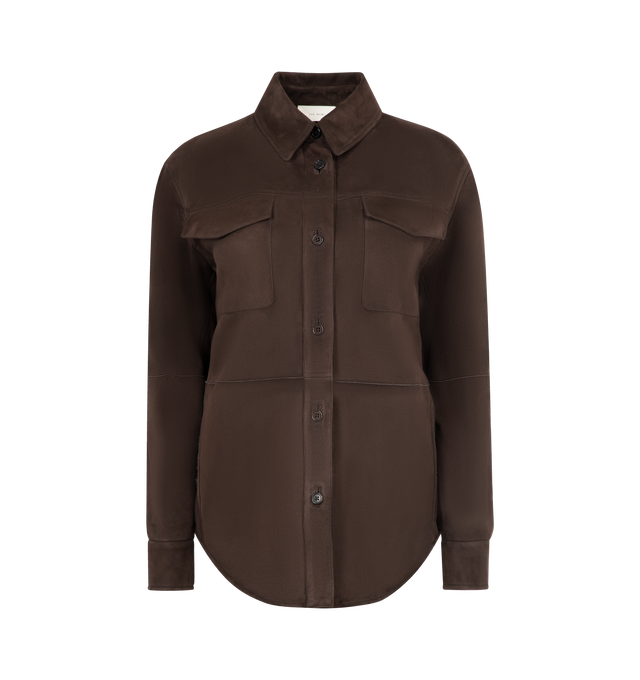 Image 1 of 3 - BROWN - The Row Relaxed shirt jacket in supple lambskin shearling with front patch pockets, paneled construction, and front button placket with horn button closure. 100% Lambskin Leather. Made in Italy.
