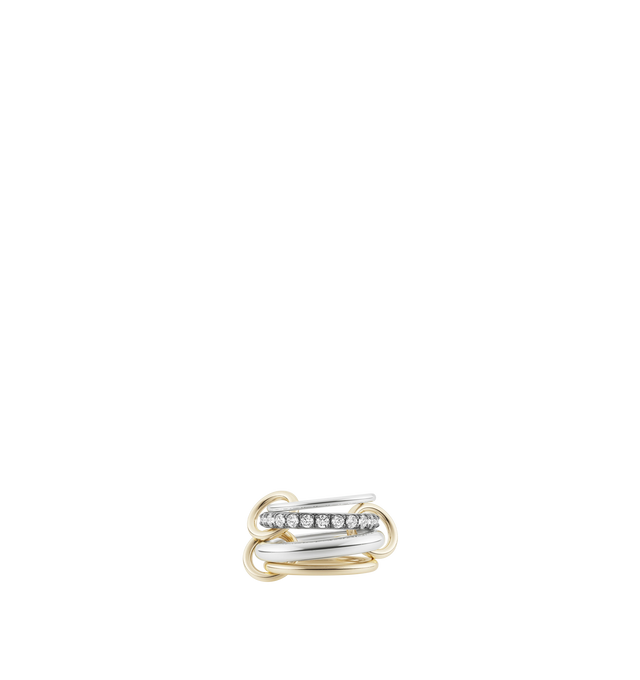 Image 1 of 1 - GOLD - SPINELLI KILCOLLIN Janssen SG Ring featuring four multi-gauged linked bands with u-pav set diamonds and orbiting 18k gold connectors. Bands: 1.7mm gauge .925 sterling silver band, 2.8mm gauge .925 sterling silver band with black rhodium plated prongs, 3.8mm gauge .925 sterling silver band, 2.3mm gauge 18k yellow gold band. Stones: white diamonds (approx. 1.20 cttw). Connectors: 18k yellow gold.
