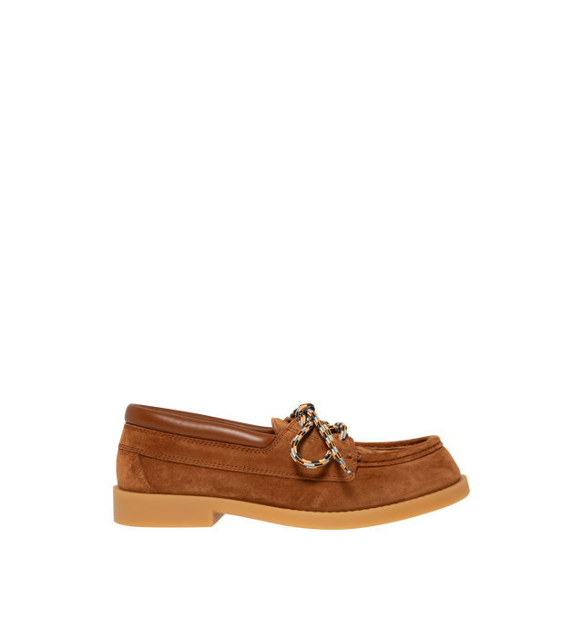 Image 1 of 4 - BROWN - Bottega Veneta Mens Suede Boat Shoes are crafted from rugged suede. Feature an Intrecciato suede vamp, leather lining, and durable rubber outsole. Upper: Suede; Lining: Calfskin; Outsole: Rubber. Made in Italy.