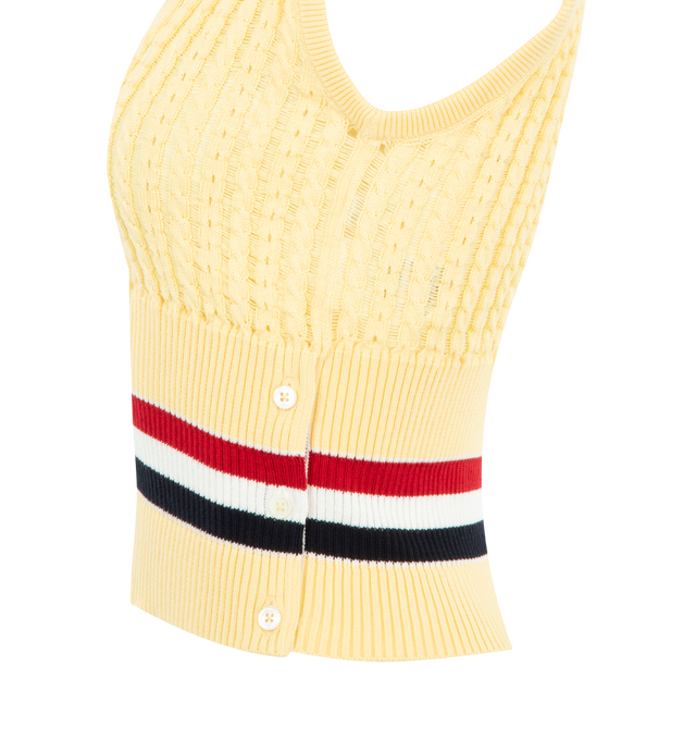 Image 3 of 3 - YELLOW - THOM BROWNE Cricket RWB Stripe Baby Ladder Cable Shrunken Vest featuring wide ribbed neckline, shrunken style, pullover style, buttoned side vents and cuffs with signature striped grosgrain trim and signature striped grosgrain loop tab at back of neck. 100% cotton. Made in Italy.