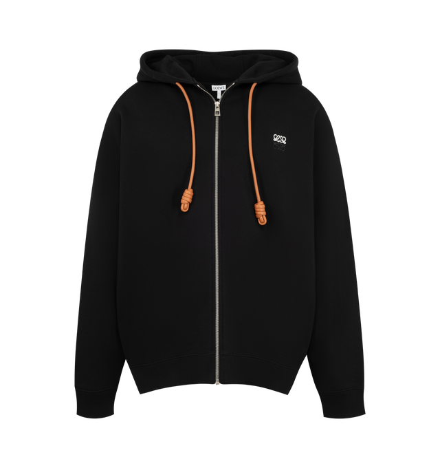 Image 1 of 3 - BLACK - Loewe Zip-Up Hoodie in medium-weight loopback cotton fleece featuring a hooded collar with Flamenco-inspired leather drawstrings, relaxed fit, regular length, zip front fastening, ribbed cuffs and hem and anagram embroidery placed on the chest. Main Material: Cotton. Made in Portugal.