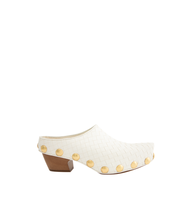 Image 1 of 4 - WHITE - BOTTEGA VENETA Gondola Clog featuring mule clog in shiny Intrecciato calf leather with metal stud detailing and a beech wood platform. Lambskin. Lining: calfskin. Made in Italy.