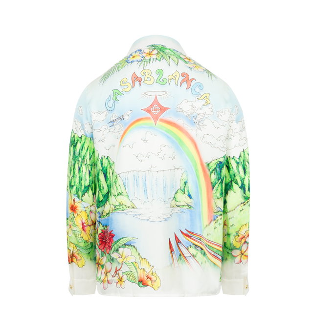 Image 2 of 2 - MULTI - CASABLANCA Aloha Long-Sleeve Shirt featuring a vibrant, painted depiction of Kauai, Hawaii, a collared silhouette, button closure, interlocking CC logo buttons, and signature gold rim pearl button at the cuffs. 100% silk. Made in Italy.