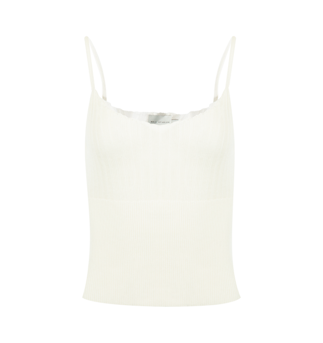 Image 1 of 2 - WHITE - DEIJI STUDIOS Ribbed Tank featuring a sheer fine knit tank with a relaxed fit, scooped neckline, fine straps and a softly sectioned rib detail at the bust. 100% lyocell.