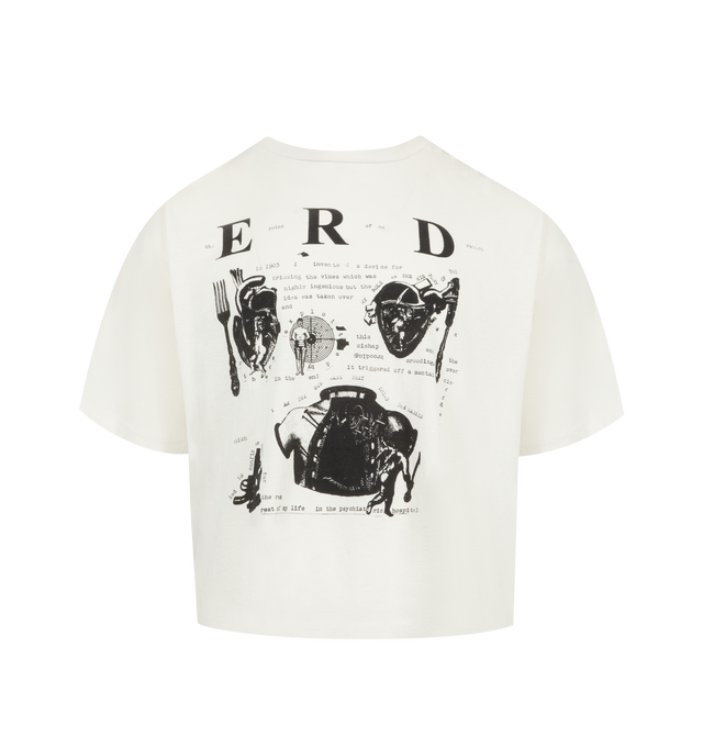Image 1 of 2 - WHITE - ENFANTS RICHES DEPRIMES My Role in the War Tee featuring a boxy, oversized fit with a rib knit neckline, single-stitch hems at the waist and cuffs, and printed artwork at the front and back. 100% cotton. Made in the USA.