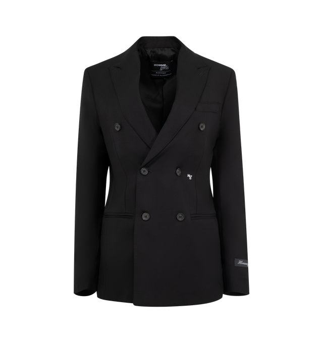 Image 1 of 2 - BLACK - HOMME GIRLS Wool Classic Blazer featuring stretch wool twill, peaked lapel, double-breasted button closure, welt pockets, padded shoulders, vents at back hem, welt pocket at interior and full satin lining. 96% wool, 4% elastane. Lining: 60% viscose, 40% acetate. Made in Italy.