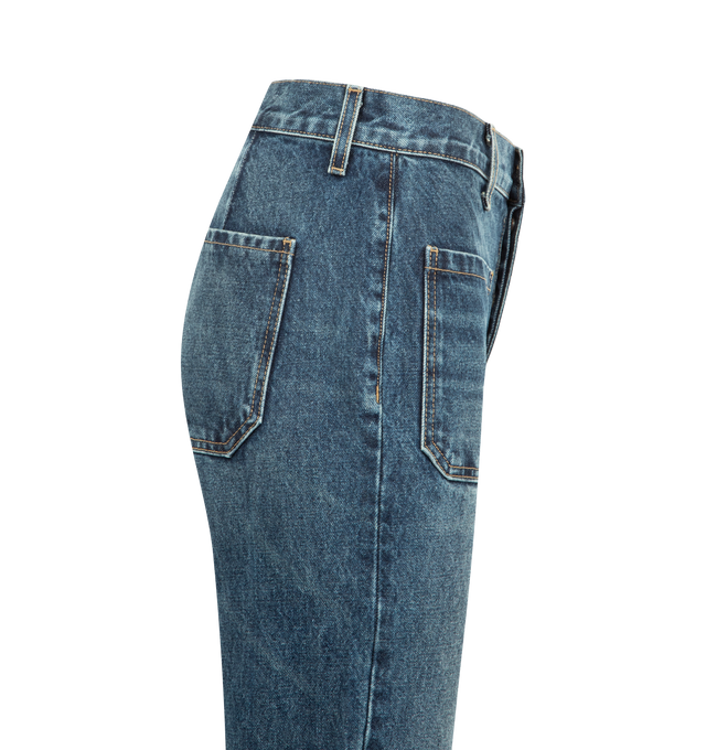 Image 3 of 3 - BLUE - NILI LOTAN Florence Jean featuring high-rise flare leg jean in Japanese stretch denim, fitted through waist and hips, front and back top stitched patch pockets, button fly, shank closure and belt loops. 98% cotton, 2% polyurethane. Made in USA.