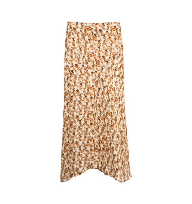 Image 1 of 3 - ORANGE - ISABEL MARANT Lisanne Skirt featuring printed silk blend midi skirt, fitted waistband, inlaid yoke, done up in back with a hook and a hidden zipper, asymmetrical hem, crepe skirt bottom and flared and flowing. 65% viscose, 35% silk.