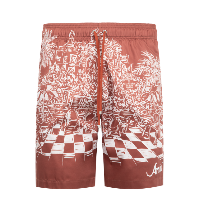 Image 1 of 3 - BROWN - AMIRI Chateau Sketch Print Swim Shorts featuring an elastic drawstring waist, printed with an allover graphic motif, relaxed-leg silhouette and drawstring closure. 100% polyester. Made in Portugal.
