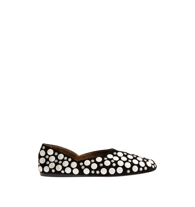 Image 1 of 4 - BLACK - KHAITE Jane Stud Flat featuring a slipper-like flat in velvety suede studded with mirror-polished palladium discs of varying sizes. Crafted in Italy with a padded insole for cloud-like comfort. 100% calf leather. Made in Italy.