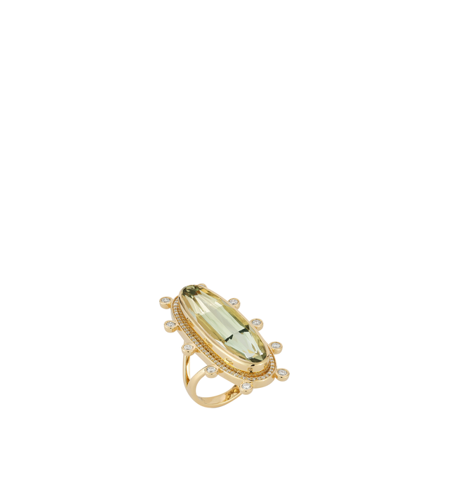 Image 3 of 3 - GOLD - Renna Women's Horizon Ring is crafted in 18K yellow gold and features a luminous green beryl center stone accented by brilliant diamonds, creating a striking balance between bold elegance and ethereal beauty. Inspired by the tranquil glow of a hidden lagoon, this designer fine jewelry ring combines exceptional craftsmanship with a sculptural silhouette, making it a captivating statement piece for special occasions. Main Material: 18K Yellow Gold. Gemstones: Approximately 1 TCW Diamonds