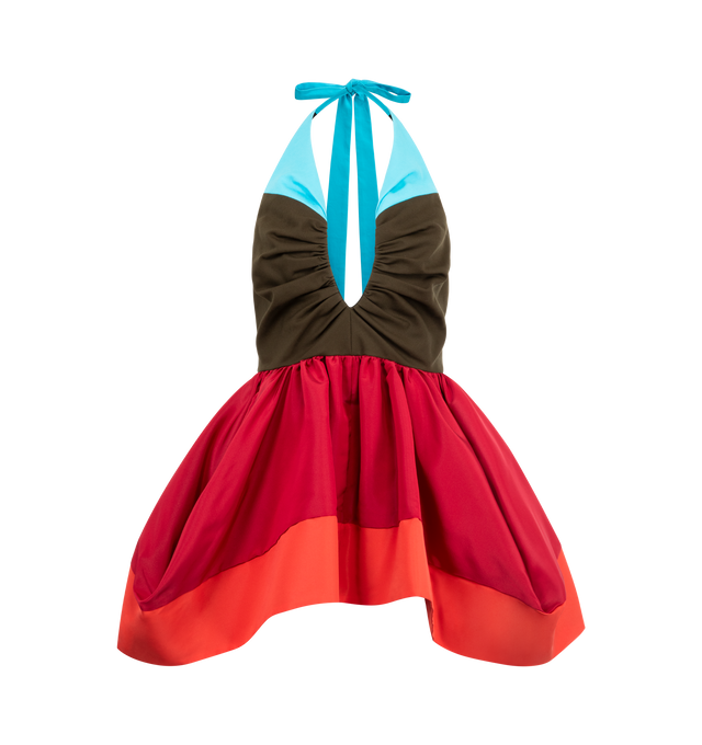Image 1 of 2 - MULTI - CHRISTOPHER JOHN ROGERS Pleated Bust Umbrella Halter Top featuring colorblock halter top with plunging neckline, dramatic silhouette, bodice in deep olive with aqua blue halter straps for bold contrast, voluminous bubble skirt, structured silhouette creates architectural fullness around hips, open back and fitted waist. 70% silk, 30% cotton.