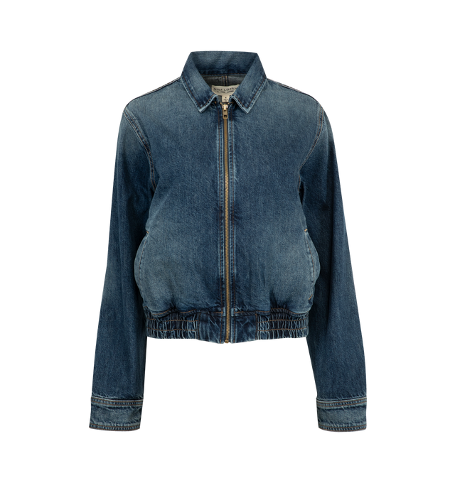 Image 1 of 3 - BLUE - NILI LOTAN Denim Jacket featuring easy fit denim jacket, shorter body, blouson effect at back, elastic waistband, welt pockets, logo zipper at center front, shank closure at sleeves and back center seam. 100% cotton.