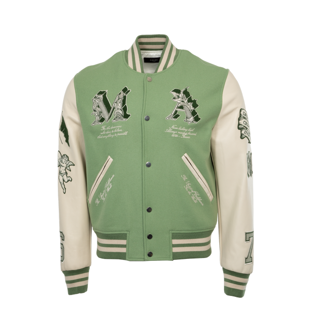 Image 1 of 4 - GREEN - AMIRI MA Angel Varsity Jacket featuring chenille applique, leather contrast sleeves, banded rib detailing, welt zipper pockets and snap button closure. Wool shell, leather sleeves, viscose lining. Made in Italy.  
