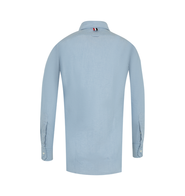 Image 2 of 2 - BLUE - Thom Browne Mens Oxford Shirt is crafted from cotton Oxford cloth. Features a button-front closure with signature striped grosgrain placket, button-down collar, long sleeves with buttoned cuffs, name tag appliqu above the hem, seamed back yoke with locker loop, and a curved hem. Main Material: 100% Cotton. Made in Italy.