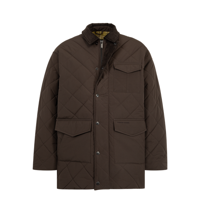 Image 3 of 3 - BROWN - Canada Goose Terra Coat is crafted from durable two-layer woven nylon with windproof and water-repellent properties for protection in cold, changing conditions. Designed with an intentionally oversized fit and mid-thigh length for easy layering and added coverage, this designer coat features contrasting corduroy at the collar and cuffs, a zip-front closure concealed by a snap-button placket, and multiple functional pockets throughout. Main Material: 100% Recycled Polyamide. Fill: 100%