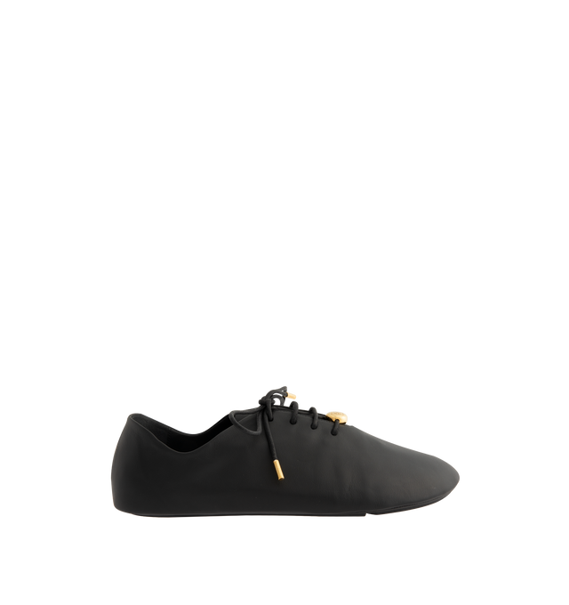 Image 1 of 5 - BLACK - Loewe Womens Nappa Calf Lace-Up Shoes are crafted from nappa calfskin. Features a lace-up closure, extra padding, asymmetric toe shape, tonal laces with metallic tips, metallic Pebble with engraved Anagram detail on the bottom lace, lambskin lining, printed LOEWE insole, and injected rubber outsole with cut-out Anagram signature. Main Material: Nappa Calf. Made in Italy.