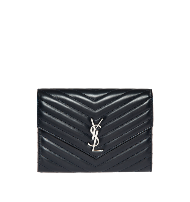 Image 1 of 3 - NAVY - SAINT LAURENT Flap Pouch featuring chevron quilted overstitching, cotton lining, snap button closure, one main compartment and one flat pocket. 8.2 X 6.3 X 1.1 in. 90% lambskin, 10% metal. Made in Italy.  