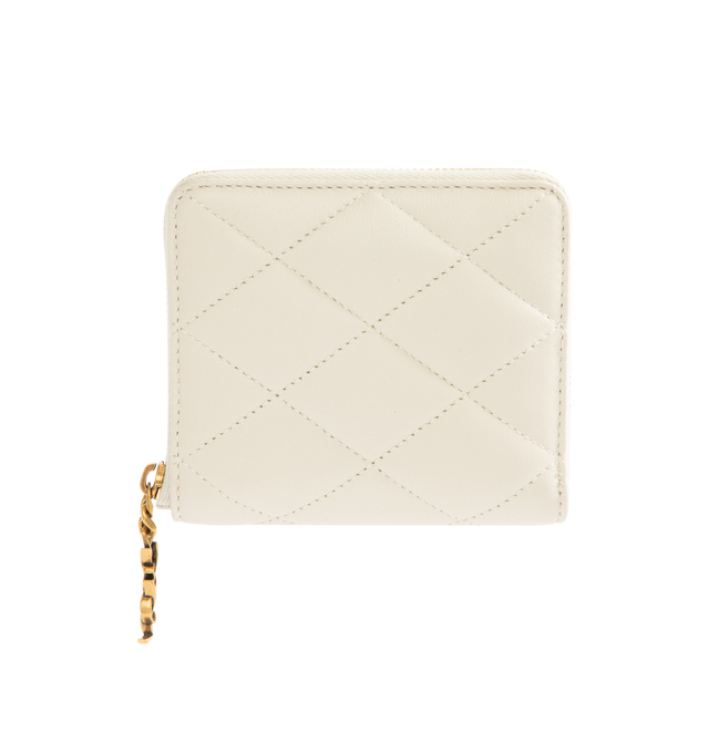 Image 1 of 3 - WHITE - SAINT LAURENT Bijou Compact Wallet featuring jewelry zip pull, diamond-quilted topstitching, gold-tone hardware, zip closure, six card slots, one bill compartment and one coin compartment. 4.1" x 3.5" x 0.8". Calfskin. Made in Italy.