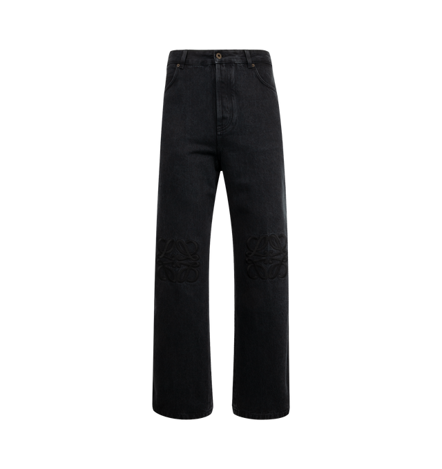 Image 1 of 3 - BLACK - LOEWE Anagram Baggy Jeans in denim featuring medium-weight washed cotton denim, an Anagram embroidery at the knees, relaxed fit, regular length, mid waist, loose leg, five pocket style, concealed button fly and LOEWE embossed leather patch placed at the back. 100% cotton. Made in Italy.