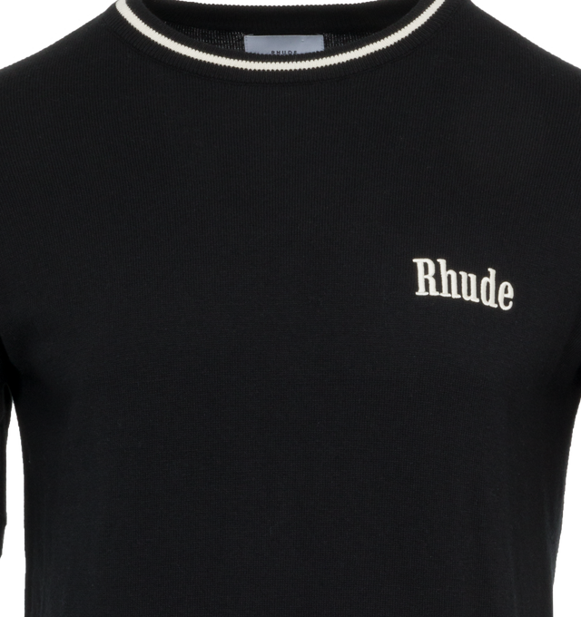 Image 2 of 2 - BLACK - RHUDE Logo Knit T-Shirt featuring Rhude logo on the chest, crewneck, short sleeves, rib-knit trim and pulls over. 95% cotton/5% cashmere. 