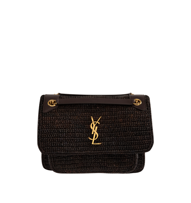 Image 1 of 4 - BROWN - SAINT LAURENT Niki Medium Raffia Bag featuring multiple pockets, sliding leather-and-chain shoulder strap, bronze-tone hardware, magnetic snap closure, one open pocket, one zip pocket and one pocket under flap. 11" x 7.8" x 3.3". Raffia/calfskin. Made in Madagascar.