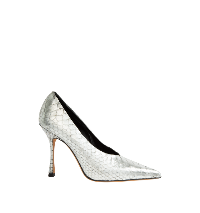 Image 1 of 4 - SILVER - Jude Women's Kiss Pump is crafted from genuine python leather and features a pointed-toe silhouette, a sculpted lifted collar, and a slender stiletto heel. Designed to make a statement, this elegant pump combines exotic texture with a sleek, refined profile. Main Material: Genuine Python Skin. Heel Height: 10.5 cm / 4.1 in. Made in Portugal.