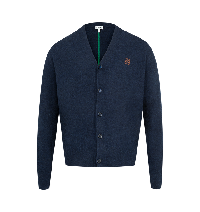 Image 1 of 3 - NAVY - LOEWE Cardigan in medium-weight wool featuring a contrast two-tone intarsia detail at the hem, a contrast intarsia stripe at the back, regular fit, regular length, jersey stitch, v-neck, ribbed collar, cuffs and hem, button front fastening and contrast Anagram embroidery placed on the chest. Wool/polypropylene. Made in Italy.