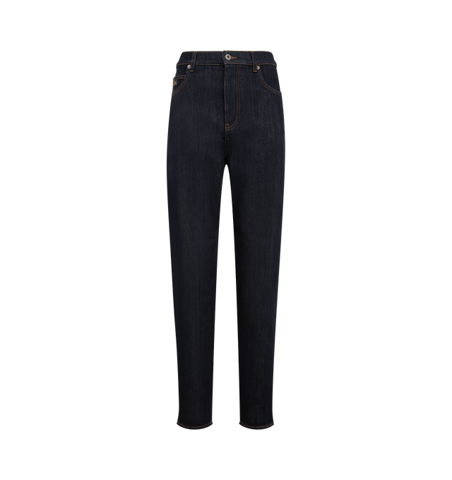 Image 1 of 3 - BLUE - Loewe Women's Jeans are crafted from lightweight stretch cotton denim and feature a slim-fit silhouette with a regular length. Designed with a mid-rise waist, tapered leg, classic five-pocket construction, concealed zip fly, and a puffy LOEWE embossed leather patch at the back. Main Material: 98% Cotton, 2% Elastane. Made in Italy.