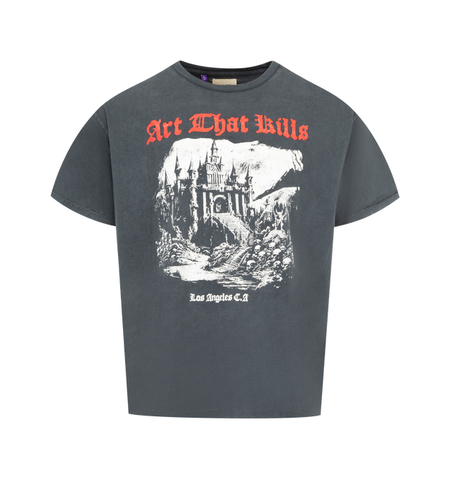 Image 1 of 2 - BLACK - GALLERY DEPT. ATK Castle Tee featuring relaxed fit, round neck, ribbed trim at neck, dropped shoulders, short sleeves, brand print at front, castle graphic print at front, glitter-embellished logo print at back and jersey texture. 100% cotton. Made in USA.