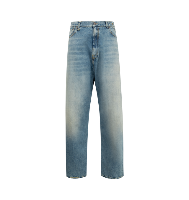 Image 1 of 3 - BLUE - R13 Venti Jean featuring washed denim, faded effect, concealed fly and button fastening, belt loops, classic five pockets, logo patch to the rear and wide leg. 92% cotton, 8% elastomultiester. Made in Italy.