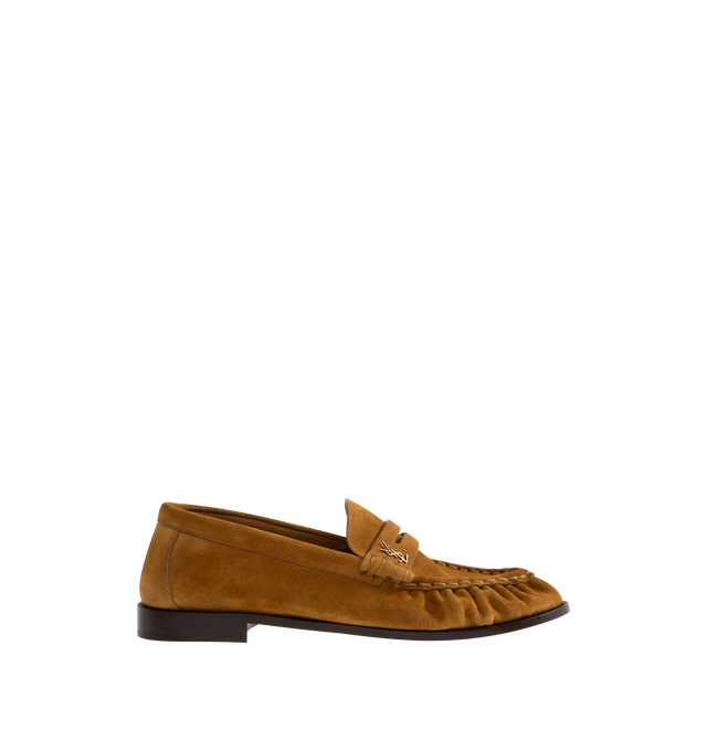 Image 1 of 4 - BROWN - SAINT LAURENT Le Loafer 15 Moc featuring supple penny loafers decorated with the cassandre, a hand-stitched moc toe and leather sole. Calfskin. Made in Italy.