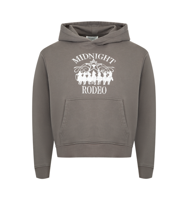 Image 1 of 2 - GREY - MIDNIGHT RODEO Western Graphic Hoodie featuring weathered graphic, ragged edges, fixed hood, kangaroo pocket, ribbed cuffs and hem and lined hood. 100% cotton.