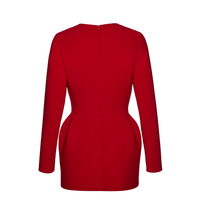 Image 2 of 2 - RED - MAGDA BUTRYM Floral Applique Mini Dress featuring long-sleeves, mini length, deep v neckline with a floral applique at the waist. 96% wool, 4% elastane. Lining: 100% silk.