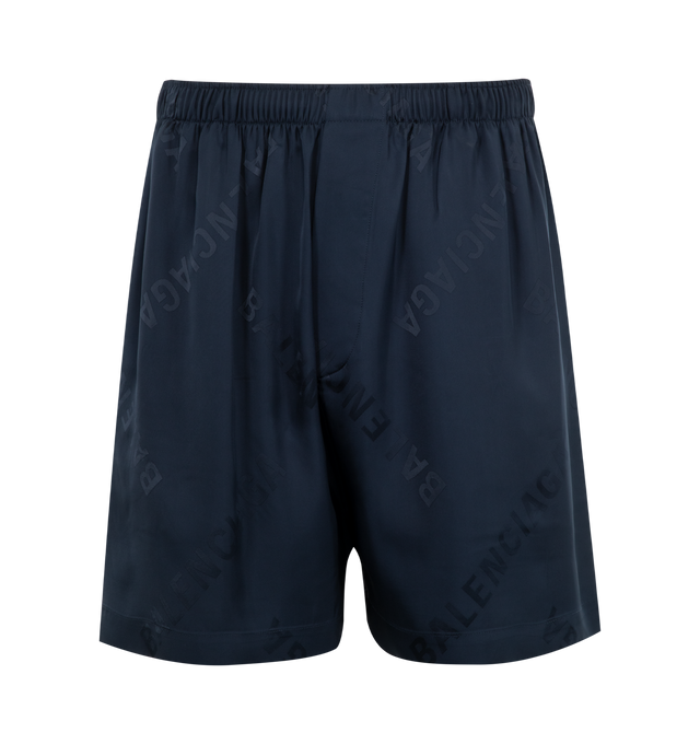 Image 1 of 3 - NAVY - BALENCIAGA Pyjama Shorts featuring elastic waist, back patch pocket and logo throughout. 100% viscose.