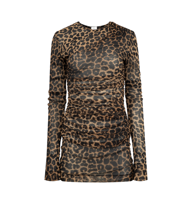 Image 1 of 2 - BROWN - SAINT LAURENT Ruched Mini Dress featuring semi-sheer long-sleeve mini dress with a round neck, ruched bodice, polyamide and elastane lining and leopard tulle jersey. 100% polyamide. Made in France.