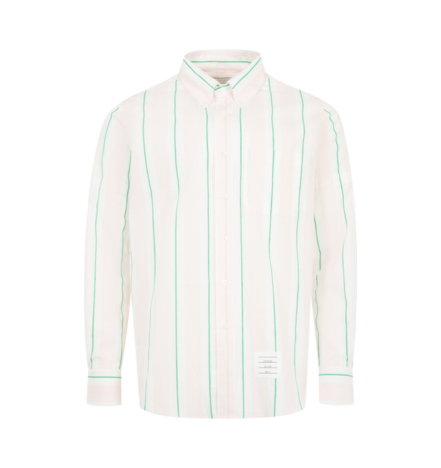 Image 1 of 2 - MULTI - THOM BROWNE Madras Classic Stripe Shirt featuring front button closure, button-down point collar, patch chest pocket, button-fastening self armbands, buttoned cuffs, split pleated back yoke with locker loop, curved hem, name tag appliqu, signature striped grosgrain loop tab and straight fit. 100% cotton.