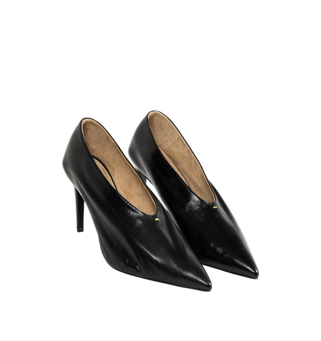 Image 2 of 4 - BLACK - Khaite pump inspired by the soft folds of fabric and crafted in Italy of glazed calfskin selected for its luminous shine. The deconstructed upper is lined in cigar-hued suede, accentuating a natural fit that moves with the foot. Detailed with signature gold staple. 2" high heel. Glazed calf (100% calfskin). Made in Italy.