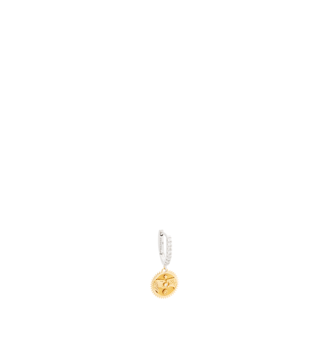 Image 1 of 2 - GOLD - Foundrae Strength Miniature Medallion Earring crafted in 18k yellow gold with pav diamonds featuring solar and lunar symbols above and below the lions representing the two opposing energies inside us--sometimes it takes greater strength to pull back (lunar) than it does to push forward (solar). Both kinds of strength are equal, and we need both to have balance in our lives; wisdom lies in knowing which kind of strength to use, and when to use it. Crafted in 18k yellow gold. Diamond Wei