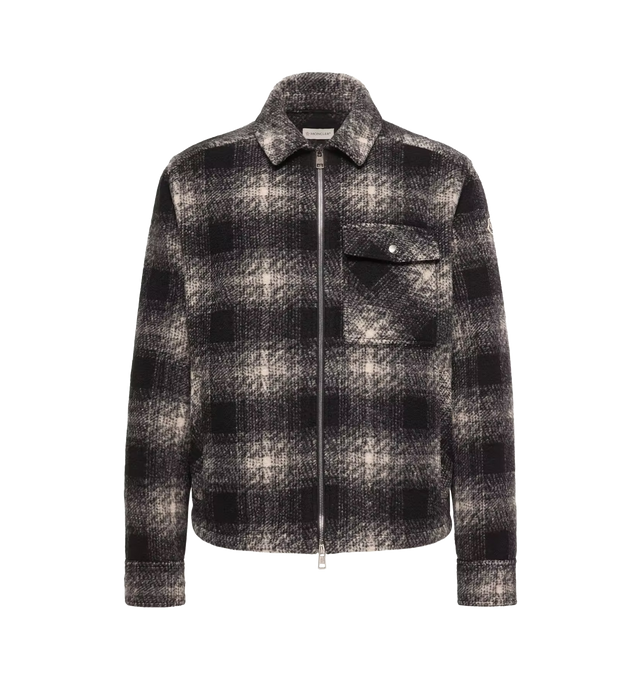 Image 1 of 1 - BLACK - Moncler Men's Plaid Jersey Zip-Up Shirt is crafted from a polyester, wool, and acrylic blend jersey with a check-knit pattern that echoes the structured look and feel of traditional felt. Designed as a versatile layering piece, this designer shirt features a classic collar, zip-front closure, snap-button side pockets, a snap-button chest pocket, adjustable cuffs, and a signature Moncler logo patch. Exterior: 82% Polyester, 13% Wool, 5% Acrylic. Closure: Zipper. Pockets: Snap-Button Si